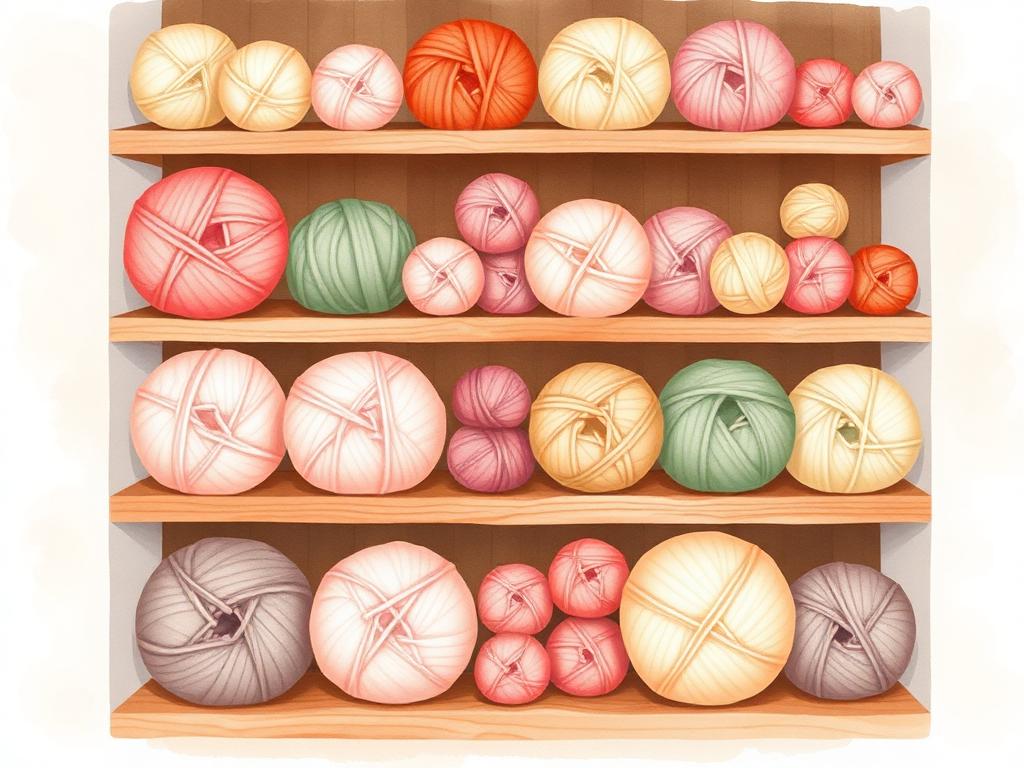 Illustration av en garnhylla med nystan i rosa, grönt, gult och naturfärger